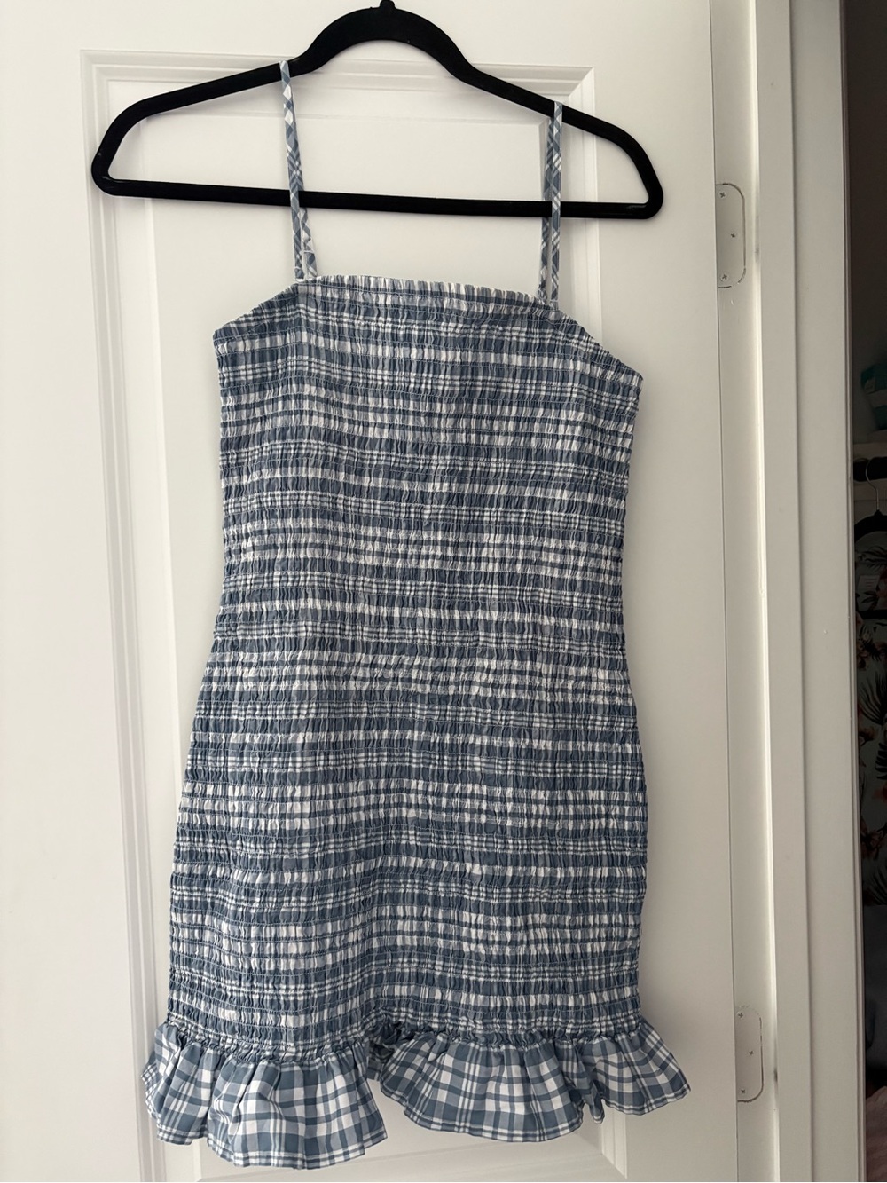 Blue and White Smocked Plaid Ruffle Mini Dress